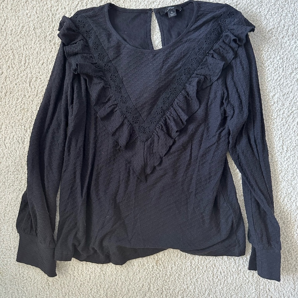 J. Crew Black Long Sleeve Ruffled Blouse